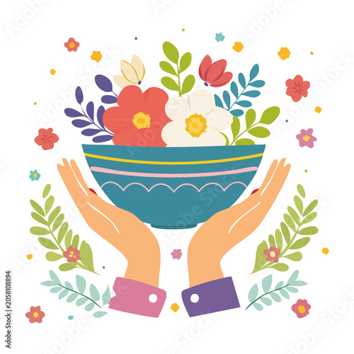 Hands holding a bowl with colorful flowers illustration