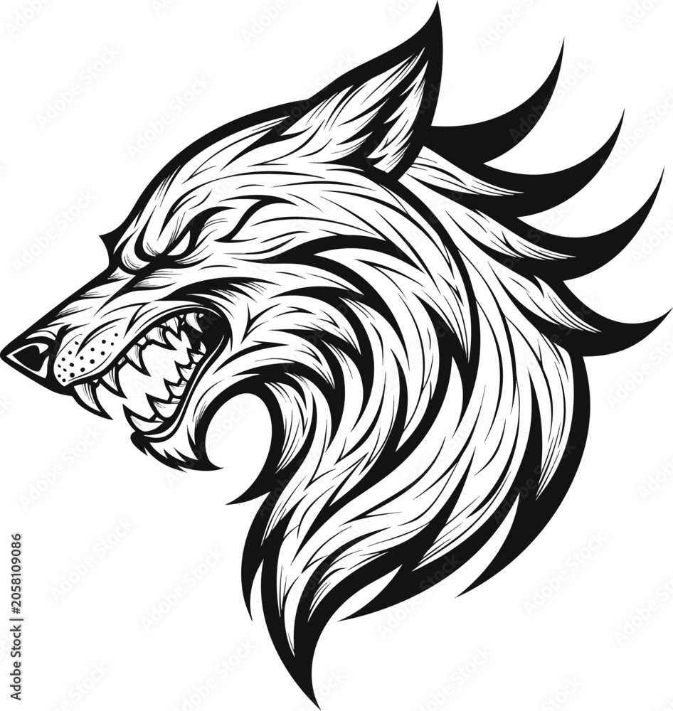 Obraz premium Fierce wolf head, aggressive animal illustration, black and white vector, sharp teeth