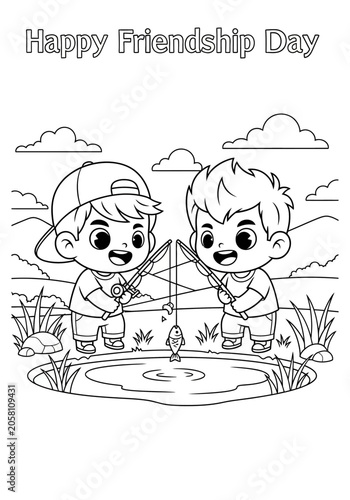 Two children fishing together on Friendship Day.