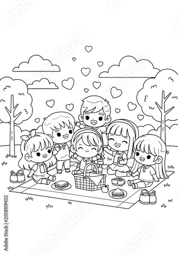 Family picnic scene with children and parents outdoors.