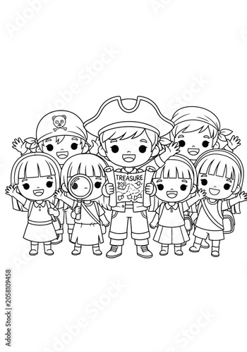 Group of cartoon children with pirate captain illustration.