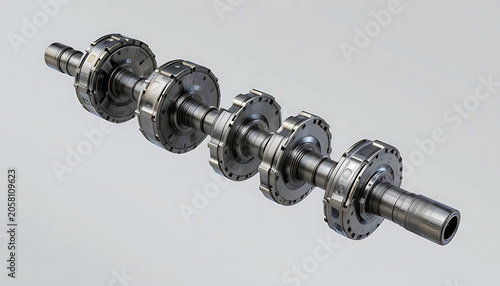 A detailed view of a crankshaft with multiple counterweights and bearings attached to the main journals on a light gray background