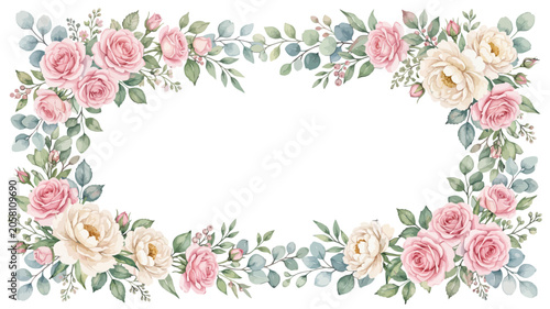 Watercolor Pink and White Roses Floral Frame Border Design for Wedding Invitation Cards