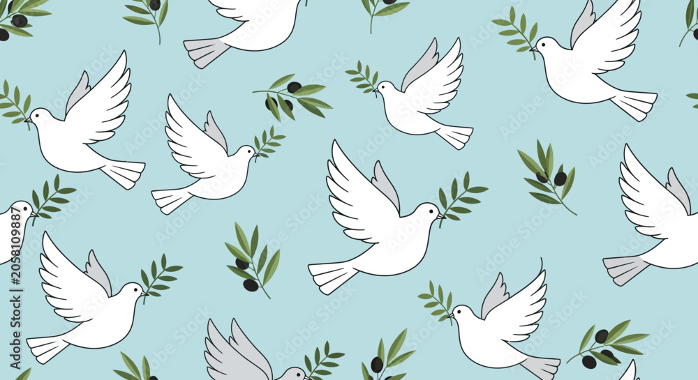 Fototapeta premium Seamless Pattern of White Peace Doves with Olive Branches