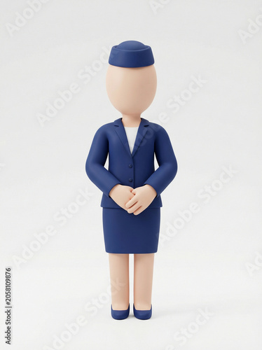 3D illustration of a professional female character in a dark blue uniform, standing in a polite and welcoming pose, representing business and customer service roles