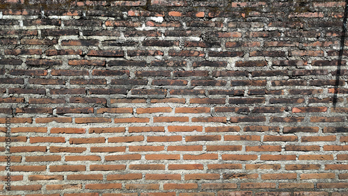 An aged brick wall featuring a blend of red and gray bricks with a weathered texture