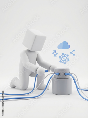 A 3D minimalist character connecting data cables to a central hub, illustrating fundamental concepts of cloud computing, network infrastructure setup, and digital data management
