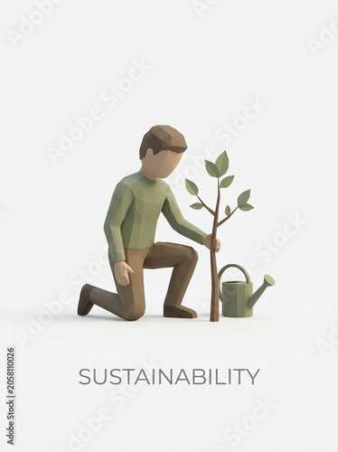 Low-poly 3D illustration of a dedicated individual nurturing a young tree, symbolizing commitment to environmental stewardship, sustainable growth, and ecological preservation for a greener future