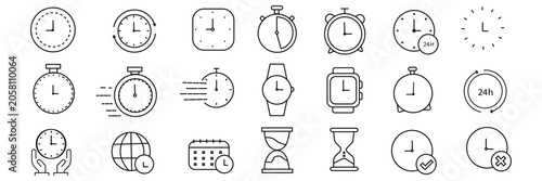 Photos Time and clock line icons set with stopwatch, alarm, hourglass and schedule symb