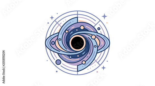 Φωτογραφία Stylized artistic illustration of a swirling black hole surrounded by orbiting planets and celestial rings