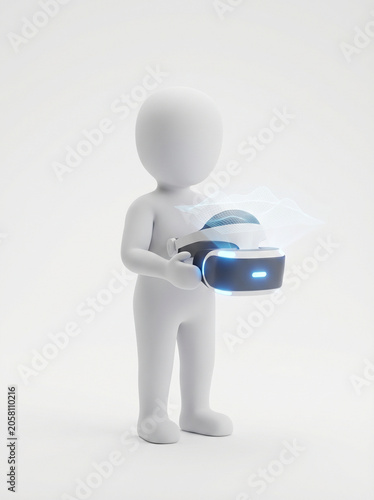 3D rendered human figure engaging with an advanced virtual reality headset, exploring immersive digital worlds and future technological interfaces in a minimalist setting