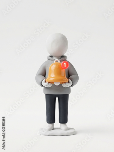 Minimalist clay figure holding a golden notification bell with a single new message alert, symbolizing important digital communication and upcoming updates in a clean, modern aesthetic