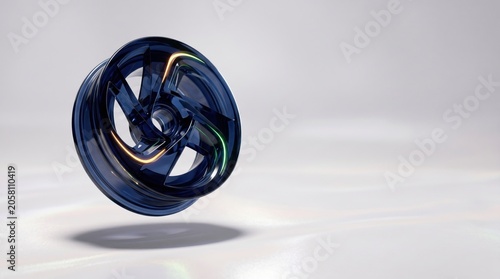 Abstract geometric shape with reflective surface floating and casting shadow
