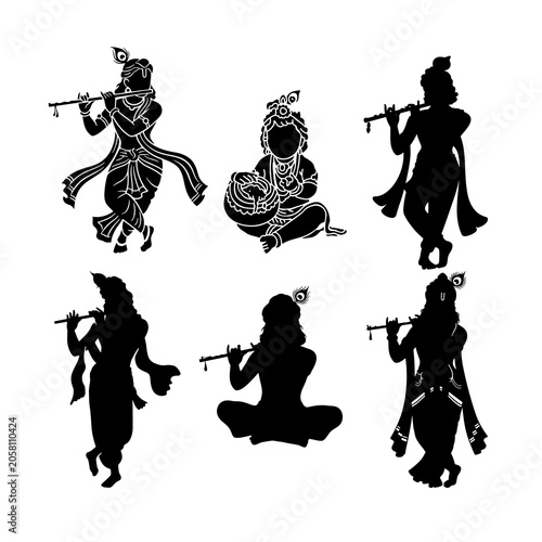 Photos Lord Krishna Silhouette Set, 6 Poses with Flute, Vector Illustration`