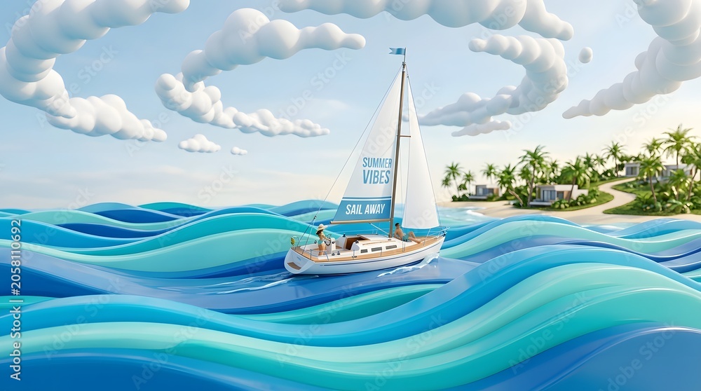 Naklejka premium Sailing boat on calm ocean waves.