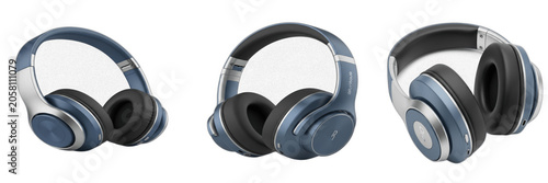 Valokuva Set of modern blue over ear wireless stereo headphones isolated on transparent background, personal high fidelity audio equipment and digital music listening device, png