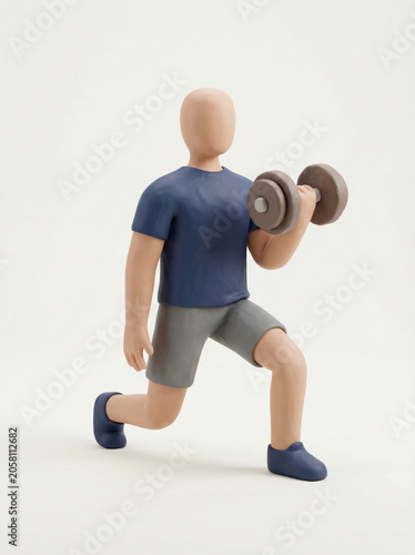 Dedicated 3D character demonstrating a focused lunge and dumbbell curl, symbolizing commitment to fitness and strength development with a minimalist aesthetic, perfect for active lifestyle visuals