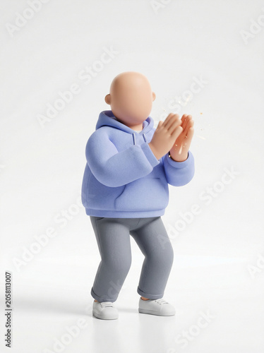 A cheerful 3D rendered character in a casual blue hoodie, enthusiastically clapping hands with dynamic sparkles, symbolizing positive reaction, appreciation, and celebratory success