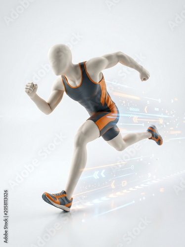 Dynamic 3D render of an athletic mannequin running at high speed, illustrating concepts of performance, progress, and innovative sports technology