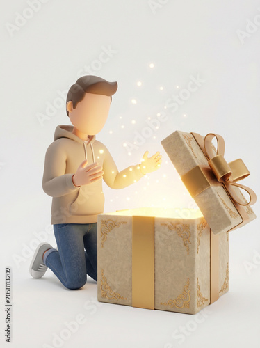 A delighted 3D cartoon character kneels, opening a magical gift box that emits brilliant light and sparkles, representing the wonder and surprise of a special present