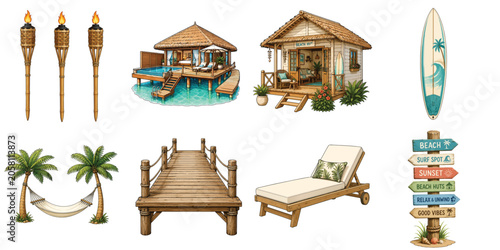 Tropical Resort Collection with Overwater Bungalow Beach Hut Hammock Pier Surfboard and Lounge Chair