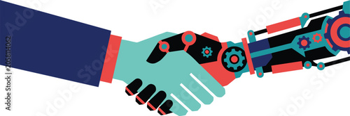 Human hand shaking a robotic hand with gears and mechanical parts handshake