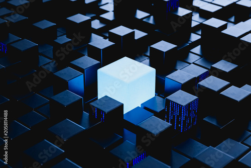 A glowing light blue cube stands out among a grid of black cubes, representing digital technology and data concepts.