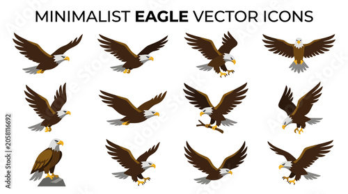 Minimalist eagle icons set showing various flying and sitting poses