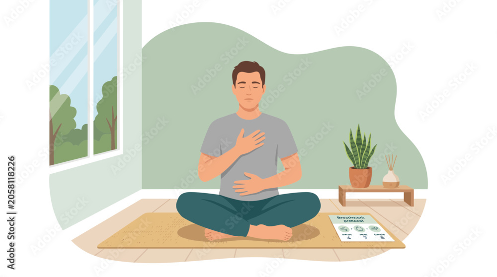 Fototapeta premium Man Practicing Mindful 4-7-8 Breathwork Technique for Stress Relief