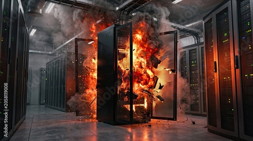 Catastrophic data center server cabinet explosion with intense flames smoke and debris flying representing system failure cybersecurity breach or technological disaster in a modern server room