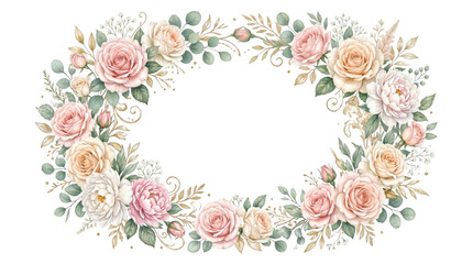 Floral wreath border frame with watercolor painted pink and peach roses and green eucalyptus leaves watercolor eucalyptus botanical invitation decorative illustration blooming romantic