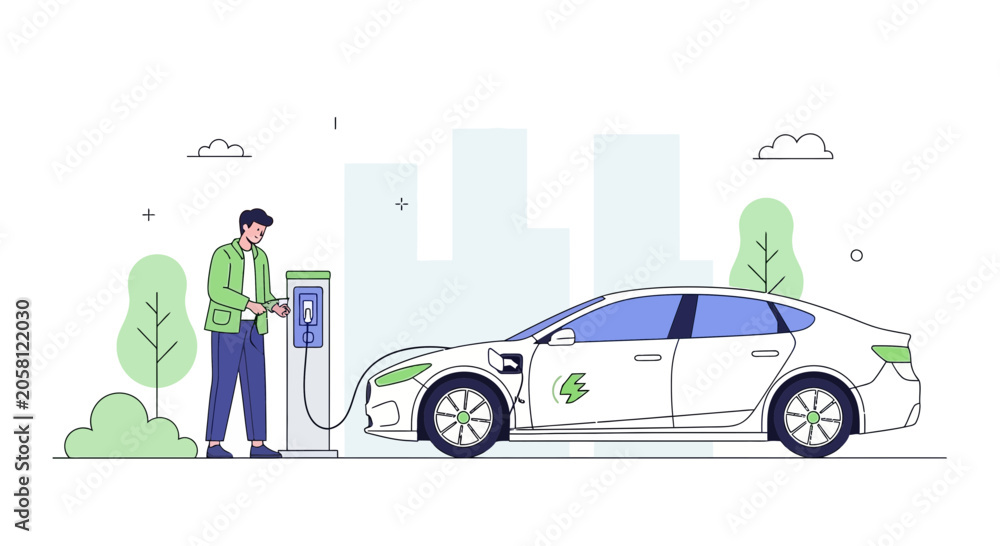 Naklejka premium Man charging electric car at station, cityscape background with trees