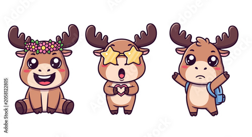 Cute Cartoon Reindeer Characters with Different Expressions.