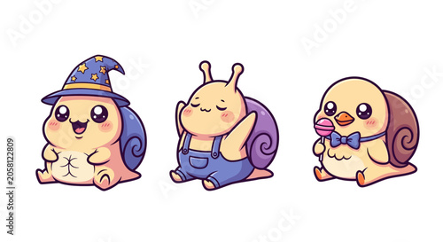 Cute Cartoon Snails in Different Costumes and Poses.