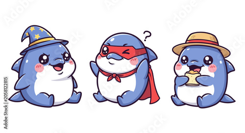 Three Cute Cartoon Penguin Characters in Costumes.