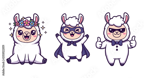 Cute cartoon llamas in festive and superhero costumes.
