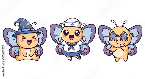Cute Cartoon Butterfly Characters in Different Outfits.