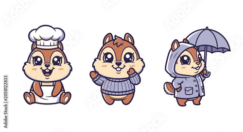 Cute Cartoon Chipmunks in Different Outfits and Poses.
