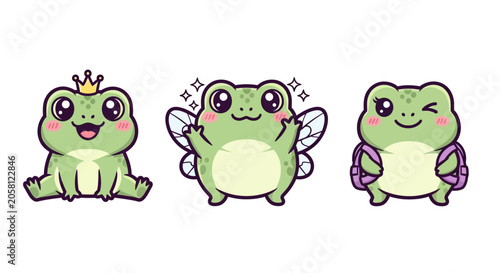 Cute Cartoon Frogs with Wings and Crown.