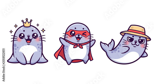 Cute Cartoon Seals with Fun Accessories and Outfits.