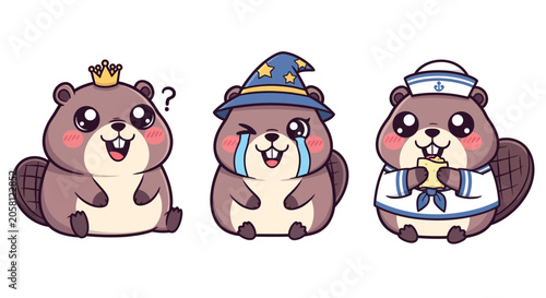Cartoon Beavers in Different Costumes and Expressions.