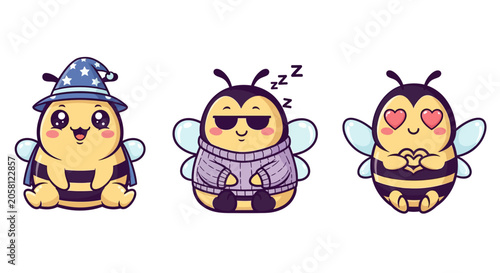 Cute Cartoon Bees in Different Outfits and Expressions.