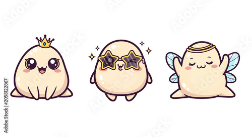 Cute Cartoon Ghost Characters with Crowns and Wings.