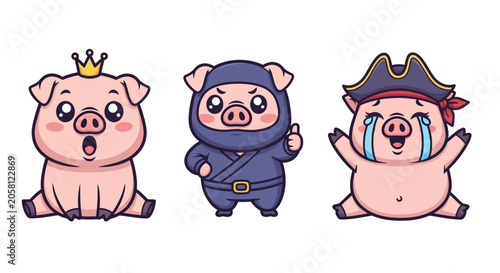 Three cartoon pigs in different costumes and expressions.
