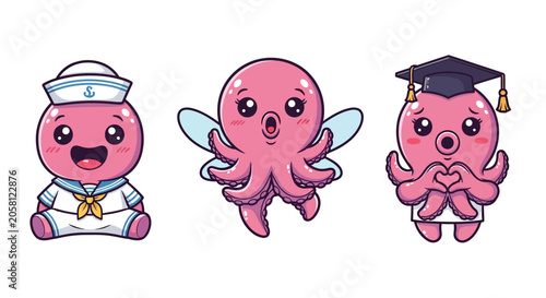 Cute Cartoon Octopus Characters in Different Outfits.