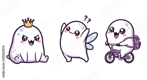 Cute Ghost Characters in Various Poses and Outfits.