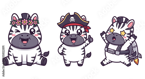 Cute Zebra Characters in Fun Costumes and Poses.