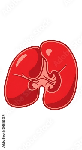 Red anatomical illustration of human kidneys with blood vessels.