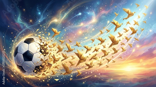 Soccer Ball Exploding with Gold Origami in Cosmic Background