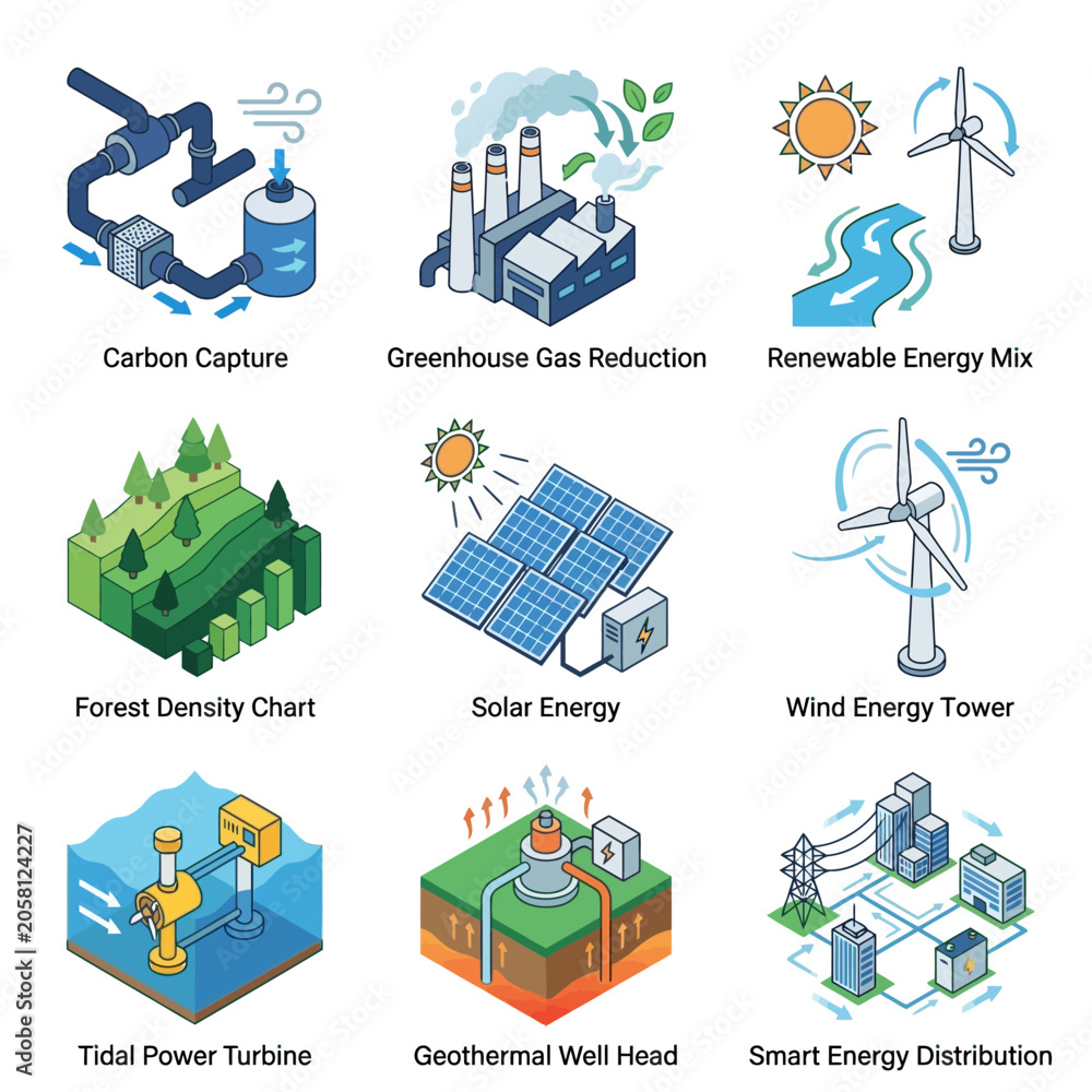 Fototapeta premium renewable energy icons set including carbon capture solar wind geothermal tidal smart energy distribution